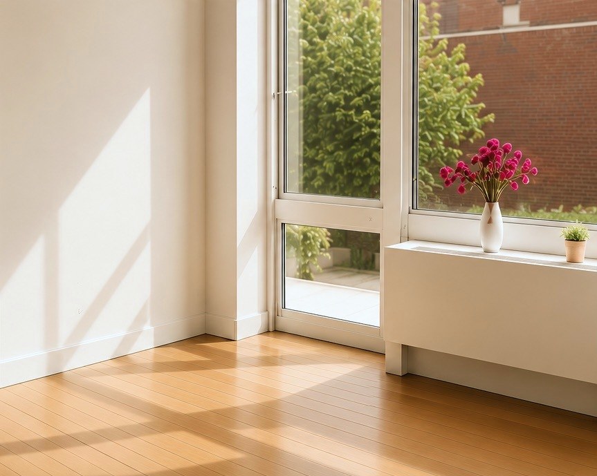 A sunlit, empty room with wood floors and flowers on the windowsill.