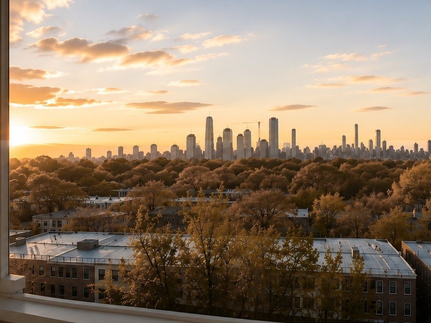 The Manhattan skyline at sunset seen from a high window, autumn trees in the foreground.